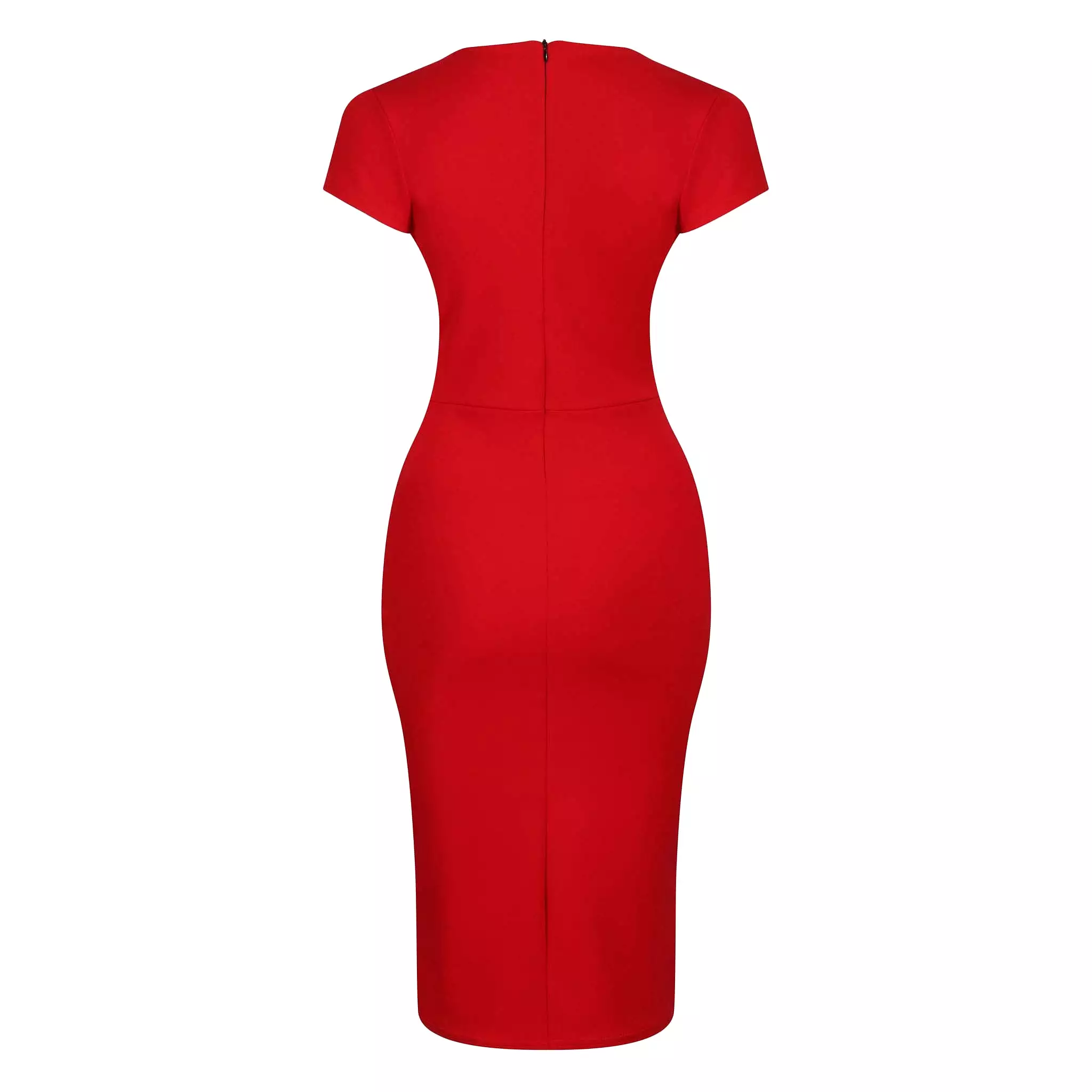 Red Deep V Cap Sleeve Bodycon Ruched Waist Wiggle Dress