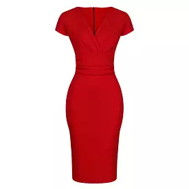 Red Deep V Cap Sleeve Bodycon Ruched Waist Wiggle Dress