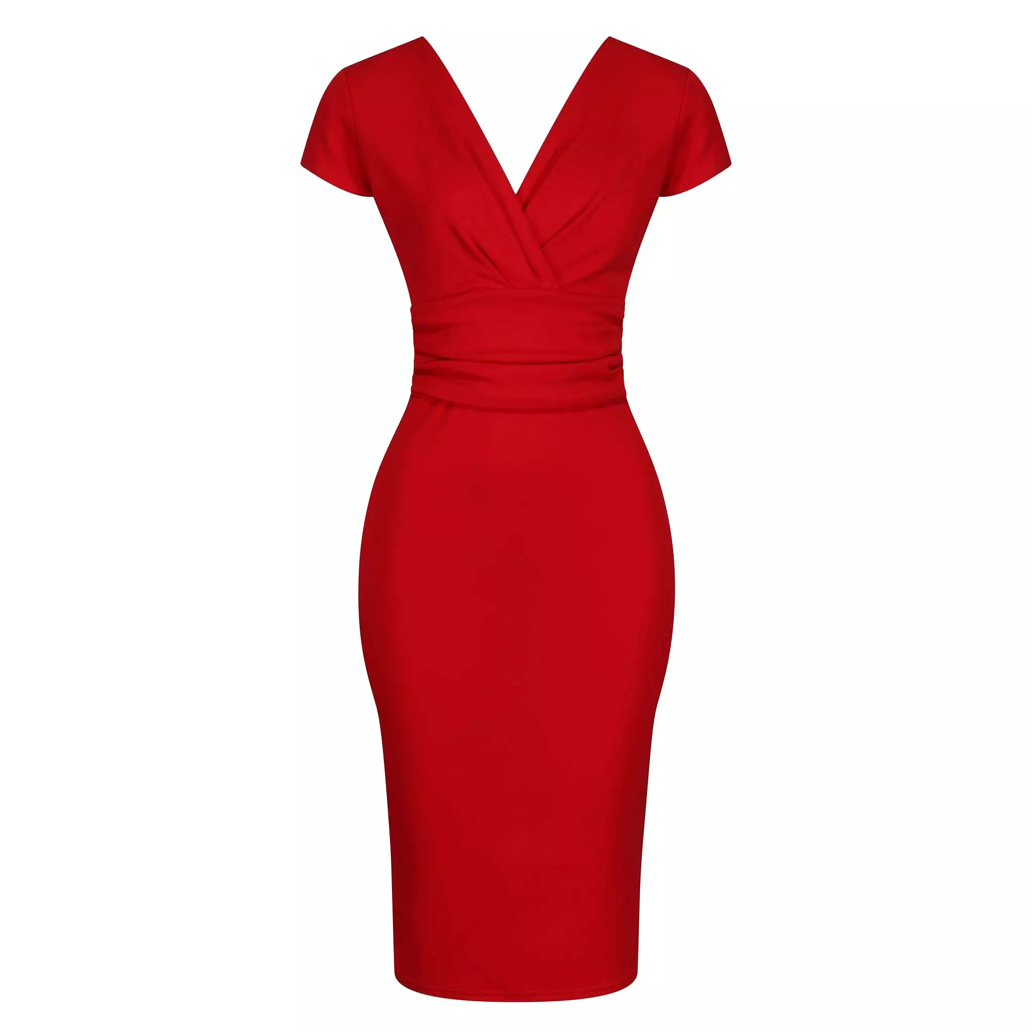 Red Deep V Cap Sleeve Bodycon Ruched Waist Wiggle Dress