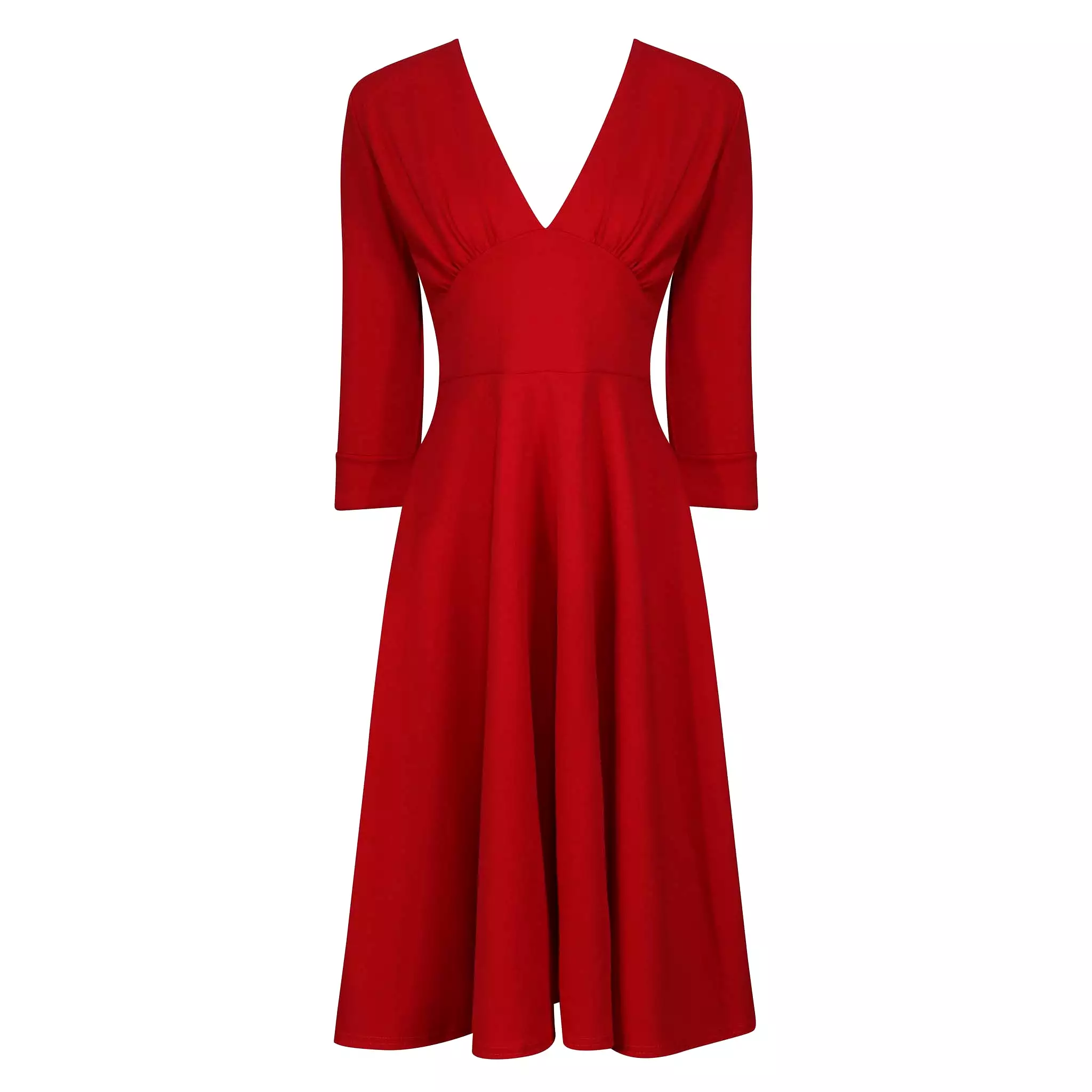 Red Deep V Neck 3/4 Sleeve Rockabilly 50s Swing Dress