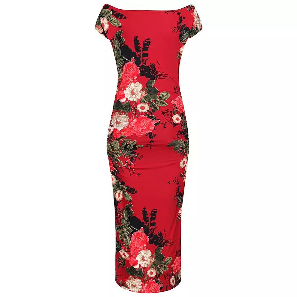 Red Floral Print 40s Style Cap Sleeve Slinky Pencil Wiggle Dress