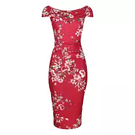 Red Floral Print Cap Sleeve Crossover Top Bardot Wiggle Dress