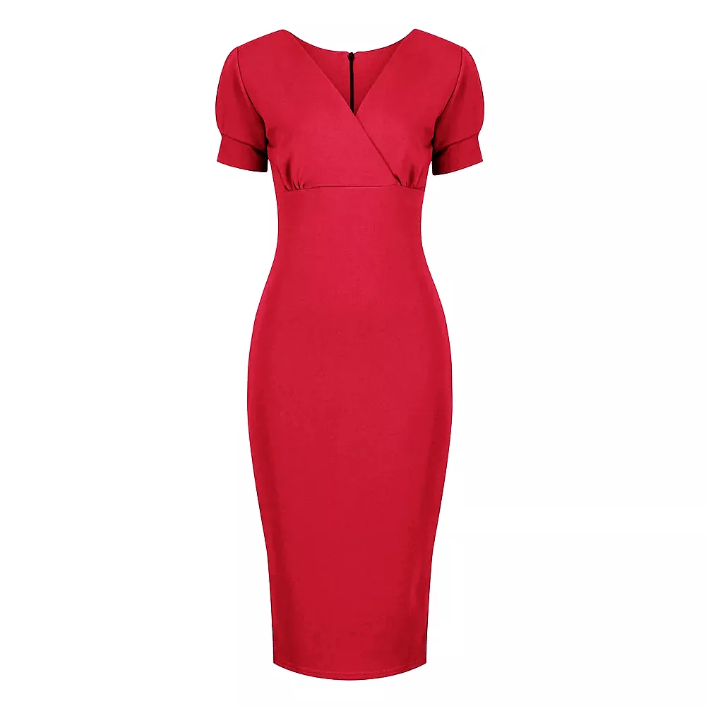 Red Puff Sleeve V Neck Bodycon Pencil Dress