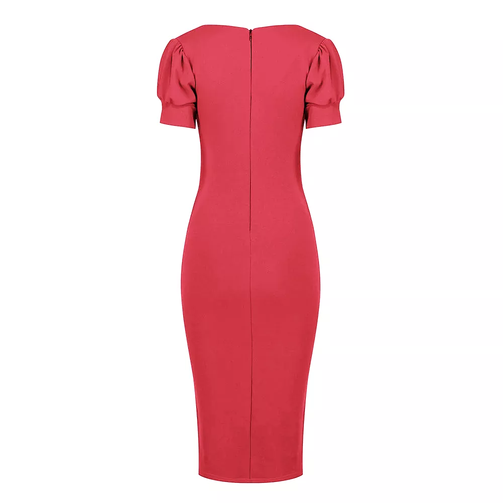 Red Puff Sleeve V Neck Bodycon Pencil Dress