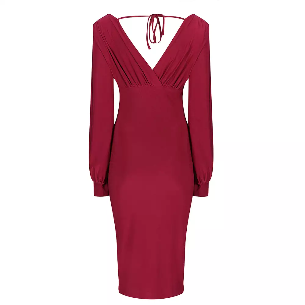 Red V Neck Long Sleeve Slinky Bodycon Midi Dress