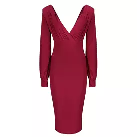 Red V Neck Long Sleeve Slinky Bodycon Midi Dress