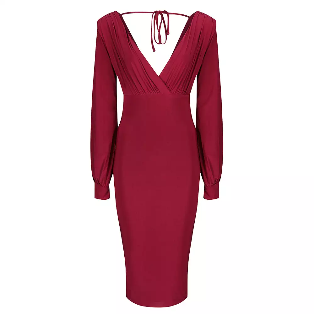 Red V Neck Long Sleeve Slinky Bodycon Midi Dress