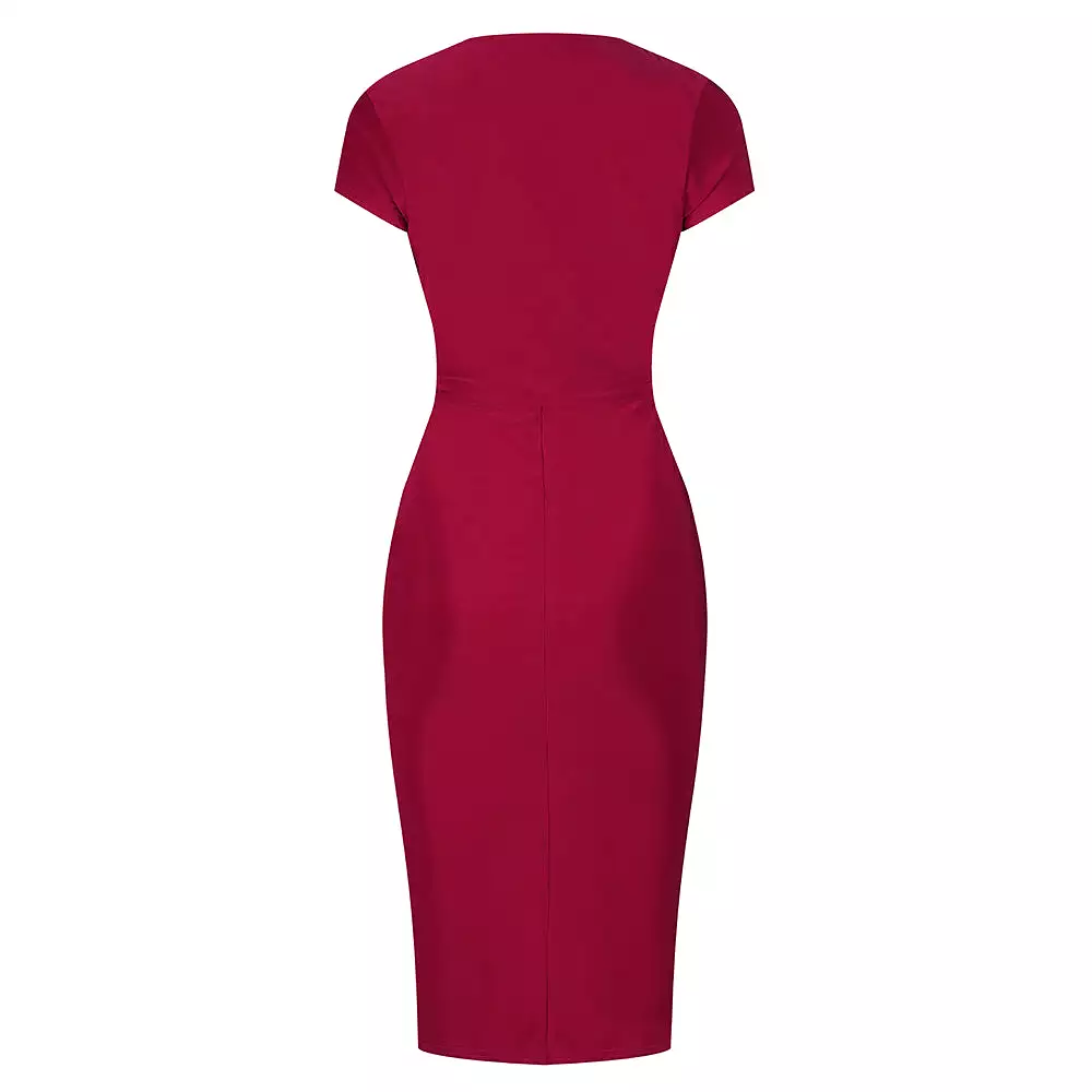 Red V Neck Wrap Effect Cap Sleeve Slinky Midi Cocktail Tie Waist Dress