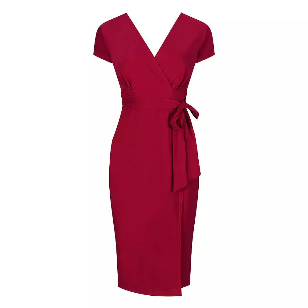 Red V Neck Wrap Effect Cap Sleeve Slinky Midi Cocktail Tie Waist Dress