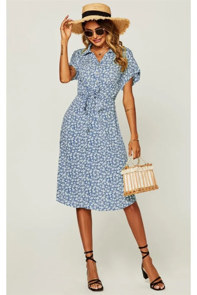 Relaxed Floral Print Button Down Midi Shirt Dress In Blue