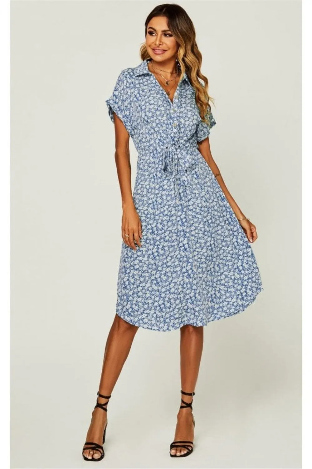 Relaxed Floral Print Button Down Midi Shirt Dress In Blue