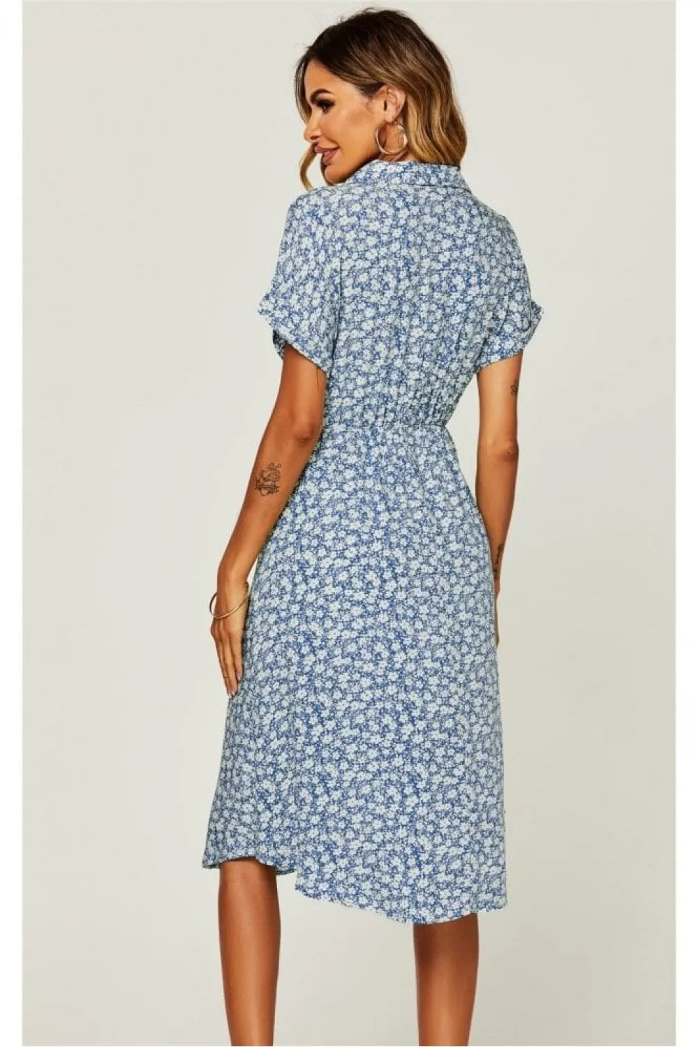 Relaxed Floral Print Button Down Midi Shirt Dress In Blue