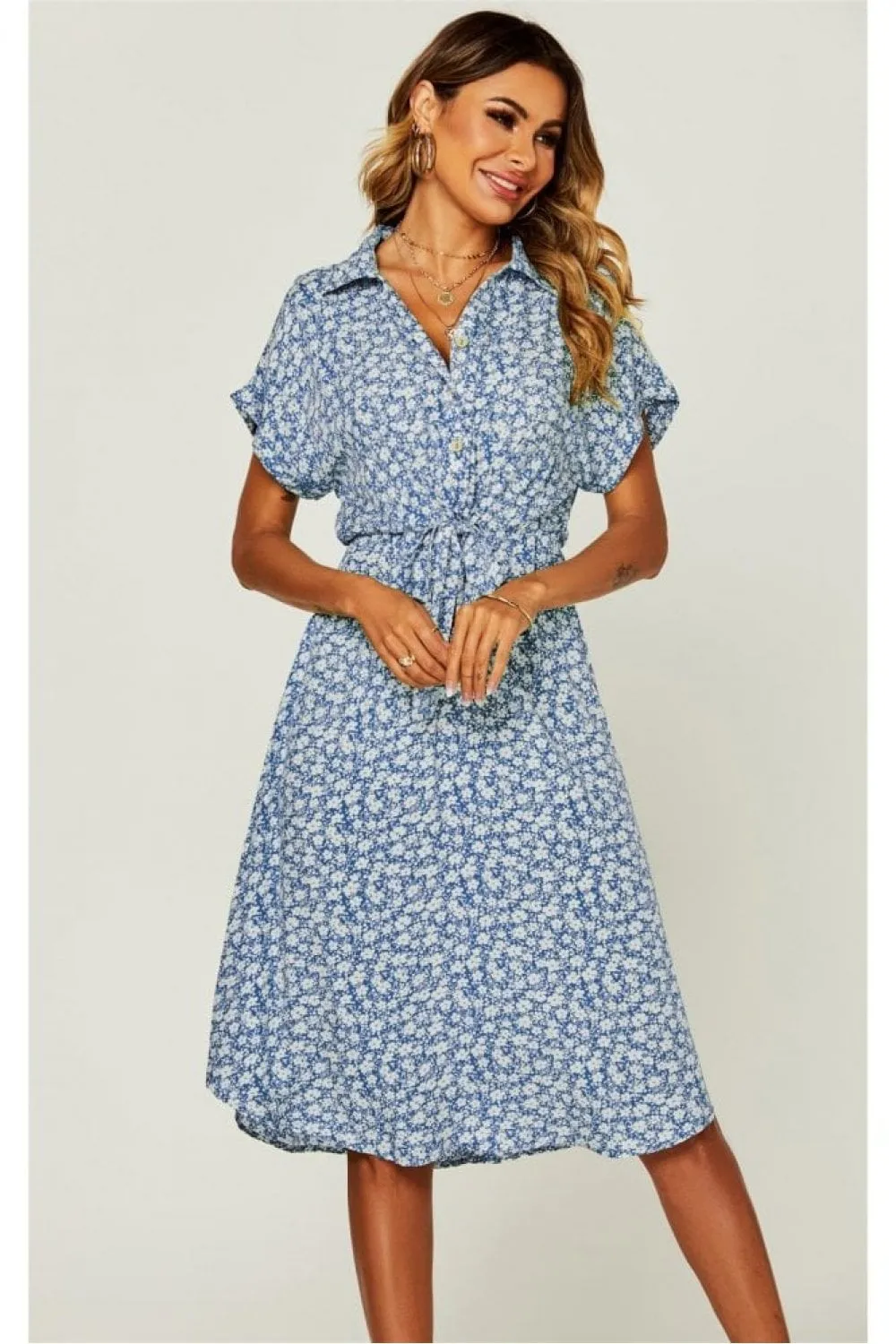 Relaxed Floral Print Button Down Midi Shirt Dress In Blue