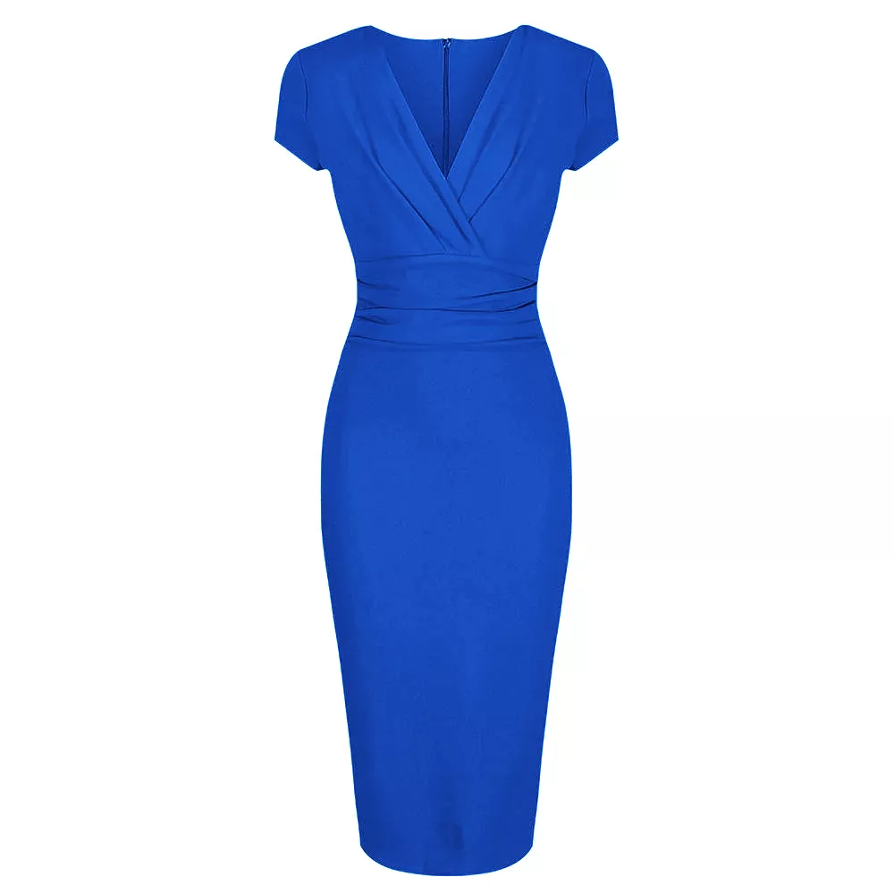 Royal Blue Deep V Cap Sleeve Bodycon Ruched Waist Wiggle Dress