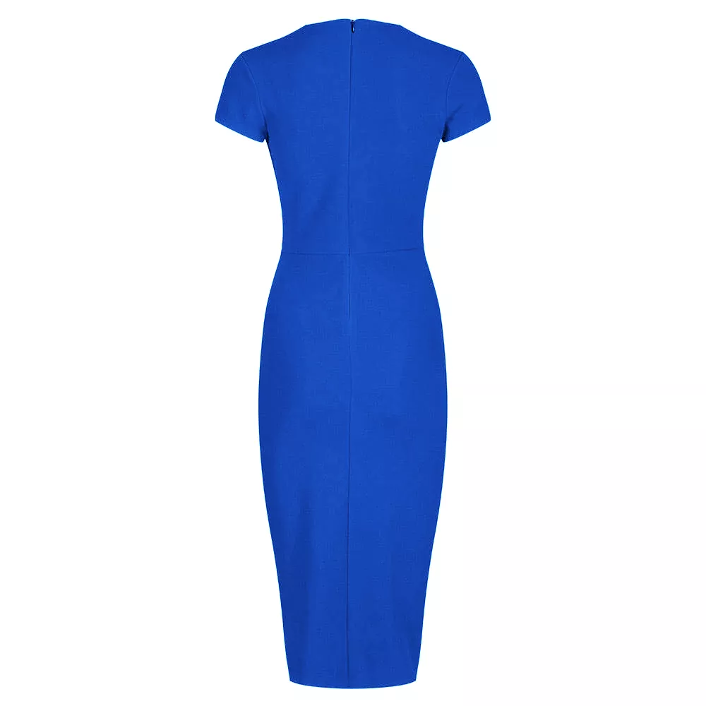 Royal Blue Deep V Cap Sleeve Bodycon Ruched Waist Wiggle Dress