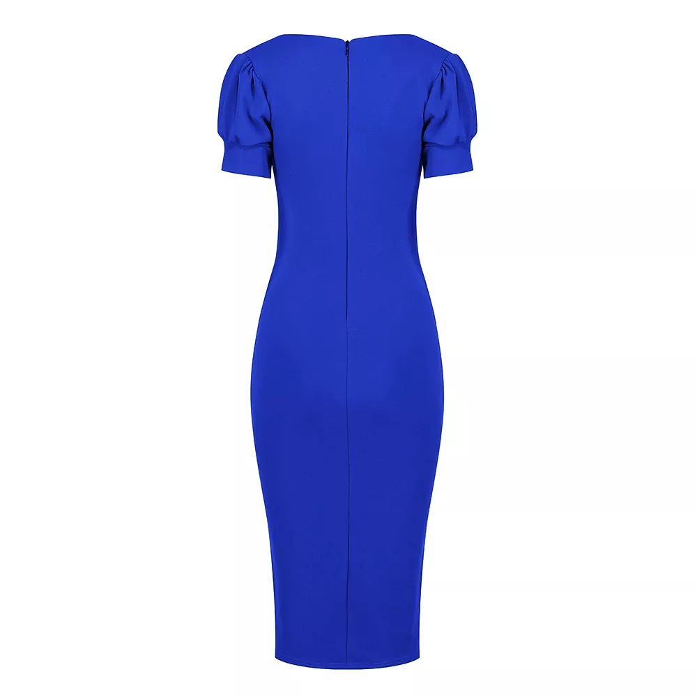 Royal Blue Puff Sleeve V Neck Bodycon Pencil Dress