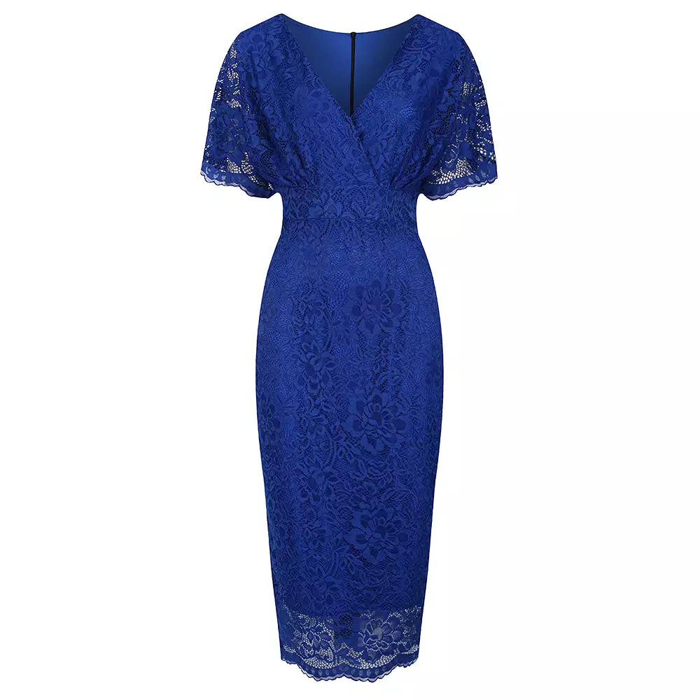 Royal Blue Vintage Lace Detail Bodycon Midi Pencil Dress