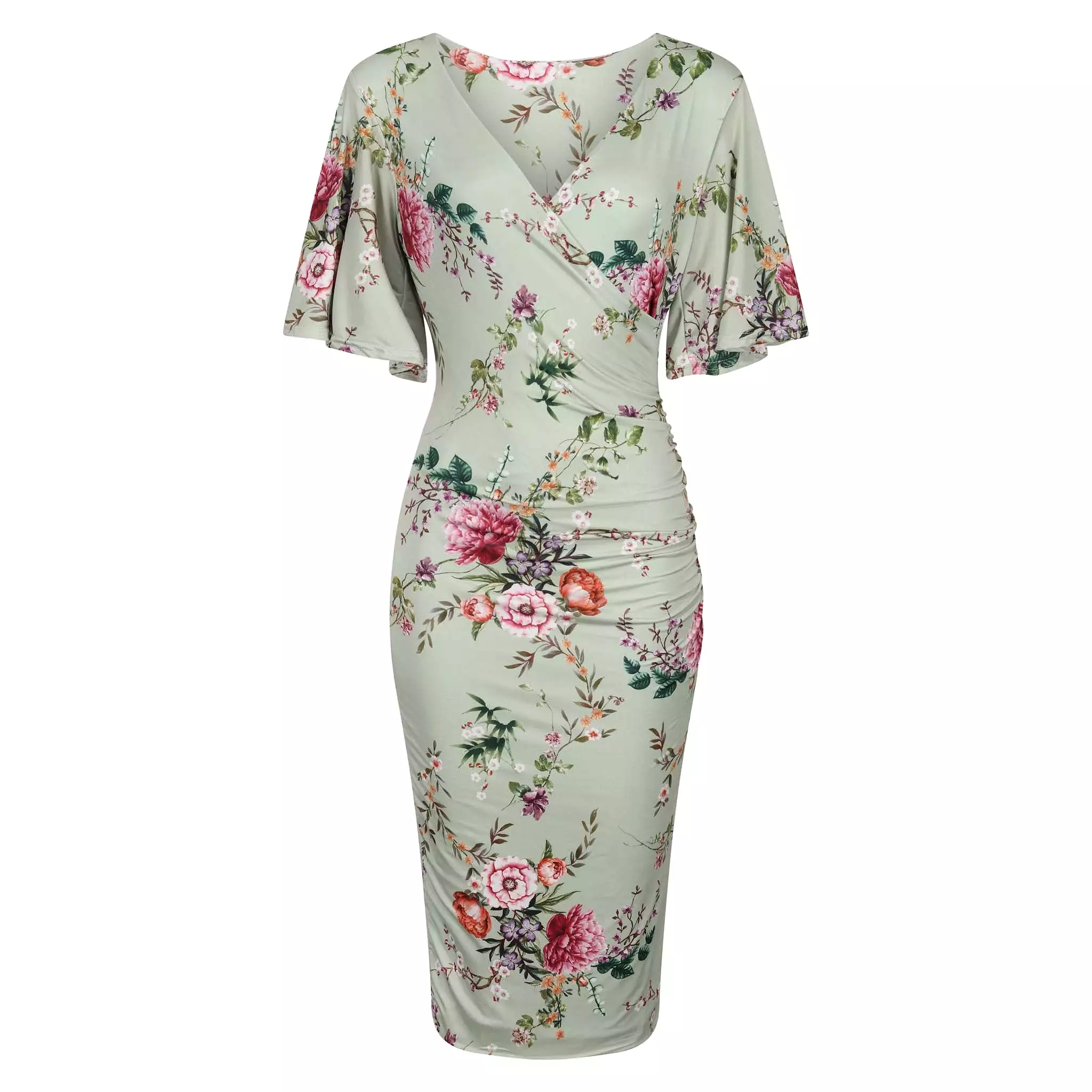 Sage Green Floral Print Butterfly Sleeve Slinky Pencil Cocktail Dress