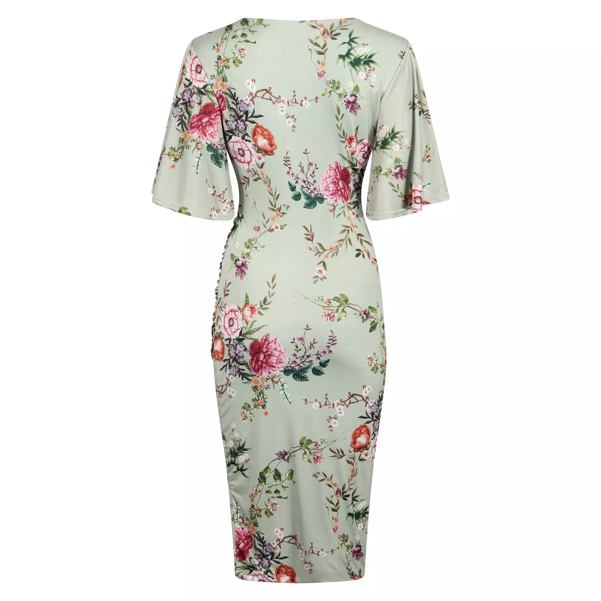 Sage Green Floral Print Butterfly Sleeve Slinky Pencil Cocktail Dress