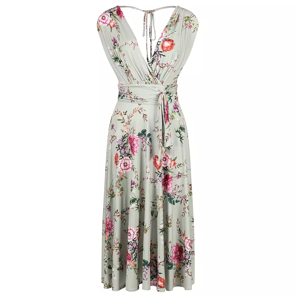 Sage Green Floral V Neck Crossover Top Empire Waist Swing Dress