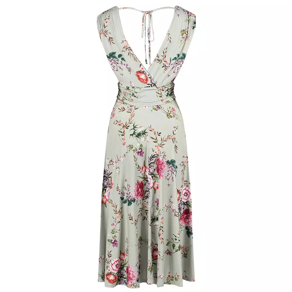 Sage Green Floral V Neck Crossover Top Empire Waist Swing Dress