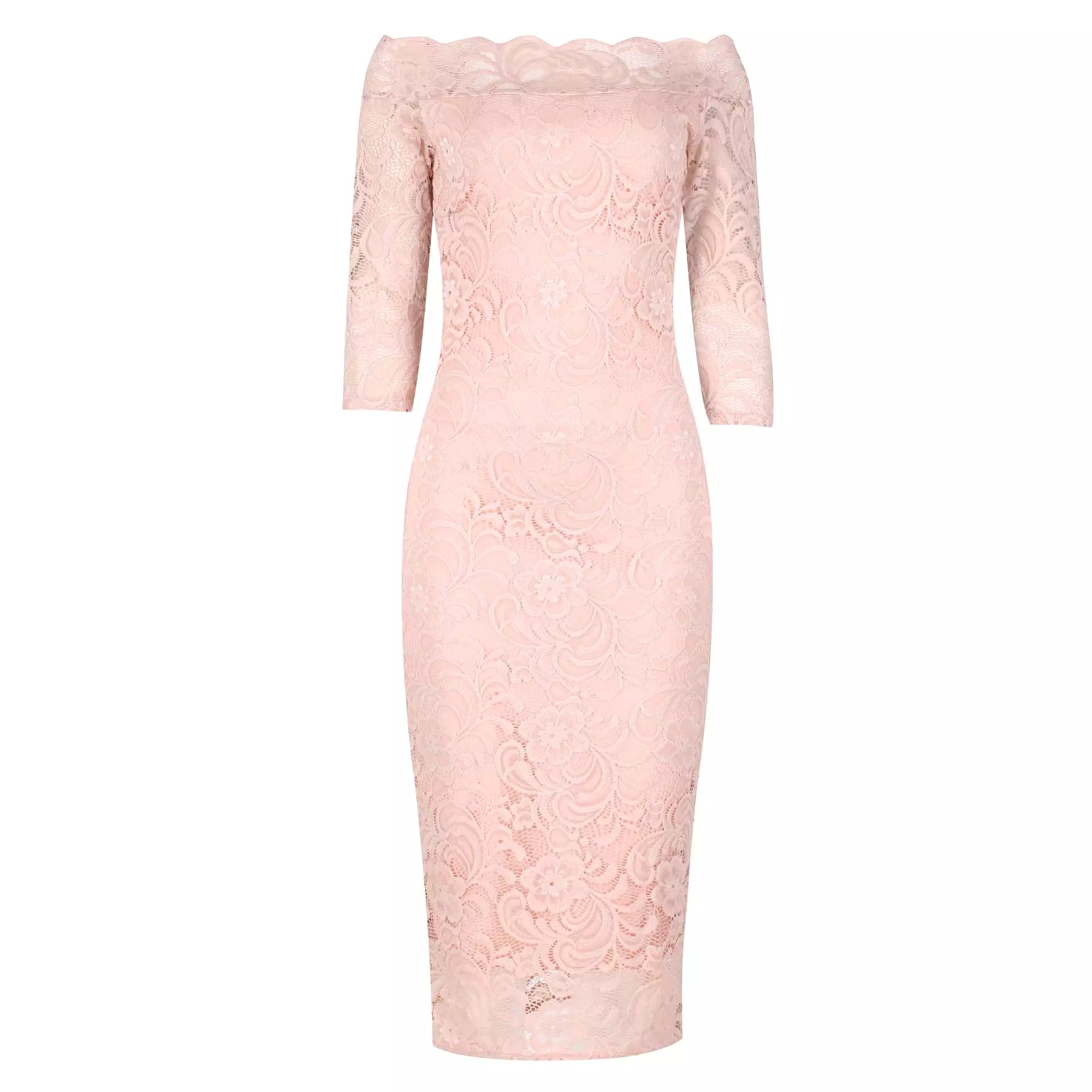 Salmon Pink Lace 3/4 Sleeve Vintage Bodycon Bridesmaid Wiggle Dress