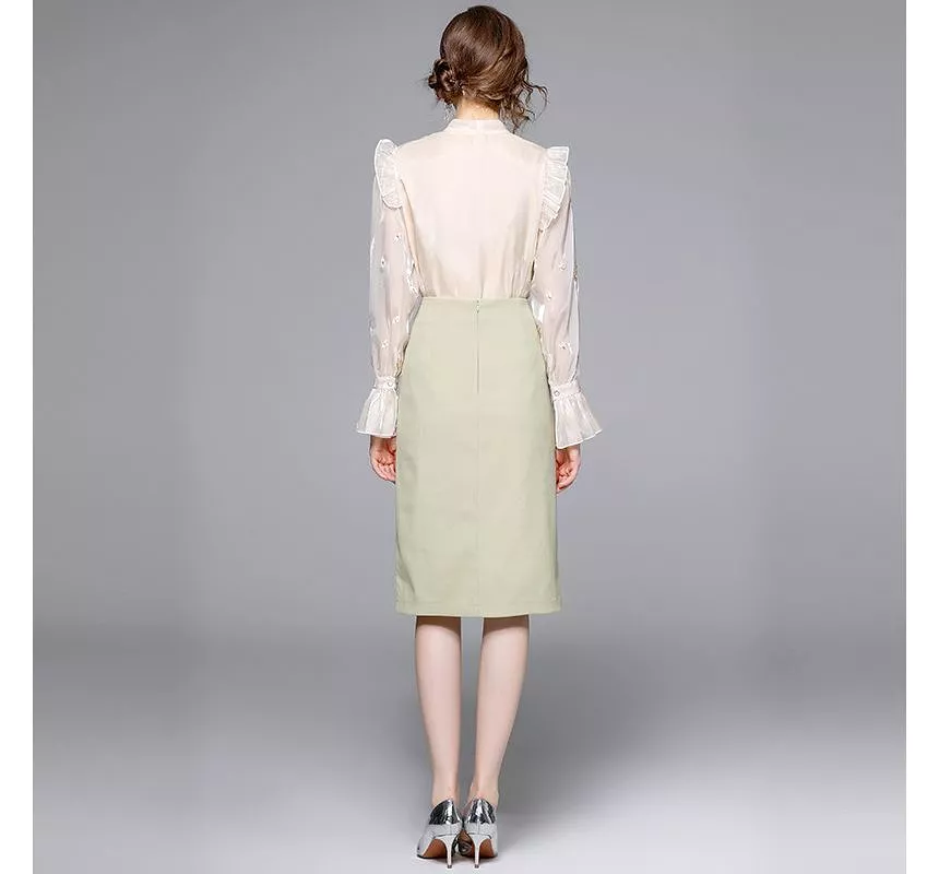 Set: Bow-Neck Ruffle Trim Embroidered Blouse + Plain Midi Pencil Skirt EE10