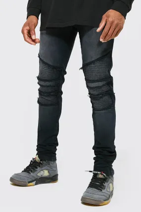 Skinny Stacked Distressed Zip Biker Jean | boohooMAN UK