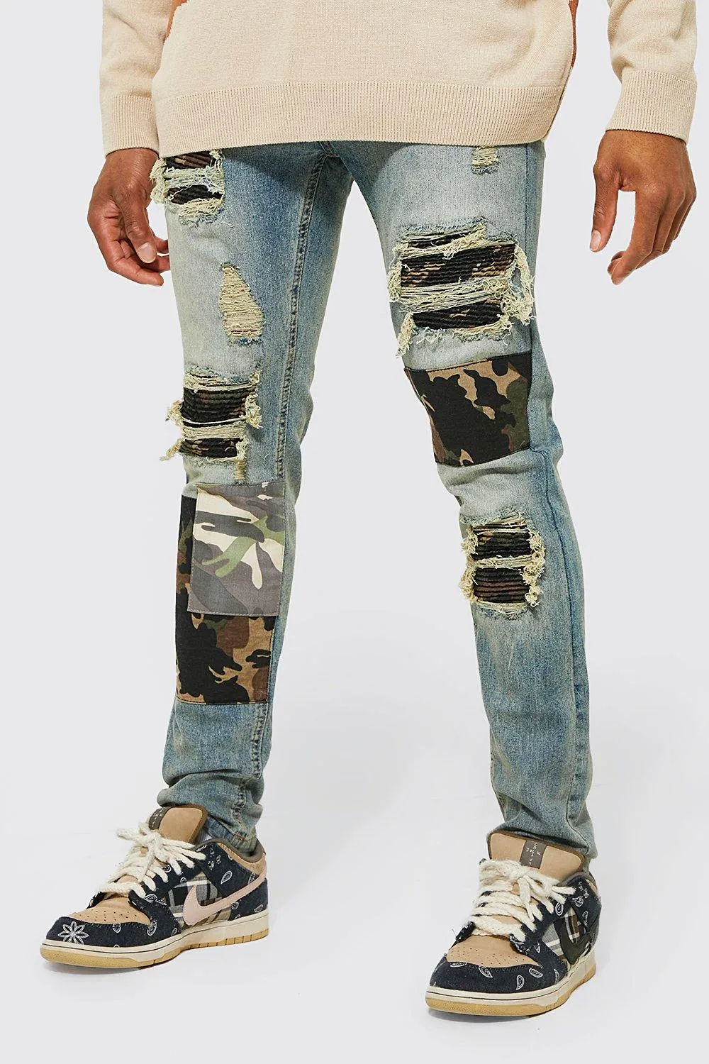 Skinny Stretch Camo Patch Biker Jean