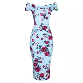 Sky Blue Floral Cap Sleeve Crossover Top Bardot Wiggle Pencil Dress