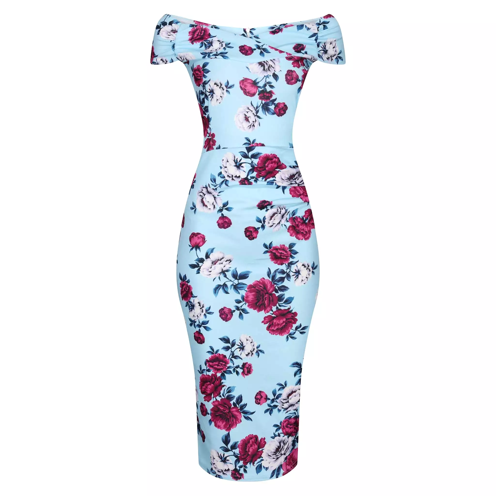 Sky Blue Floral Cap Sleeve Crossover Top Bardot Wiggle Pencil Dress