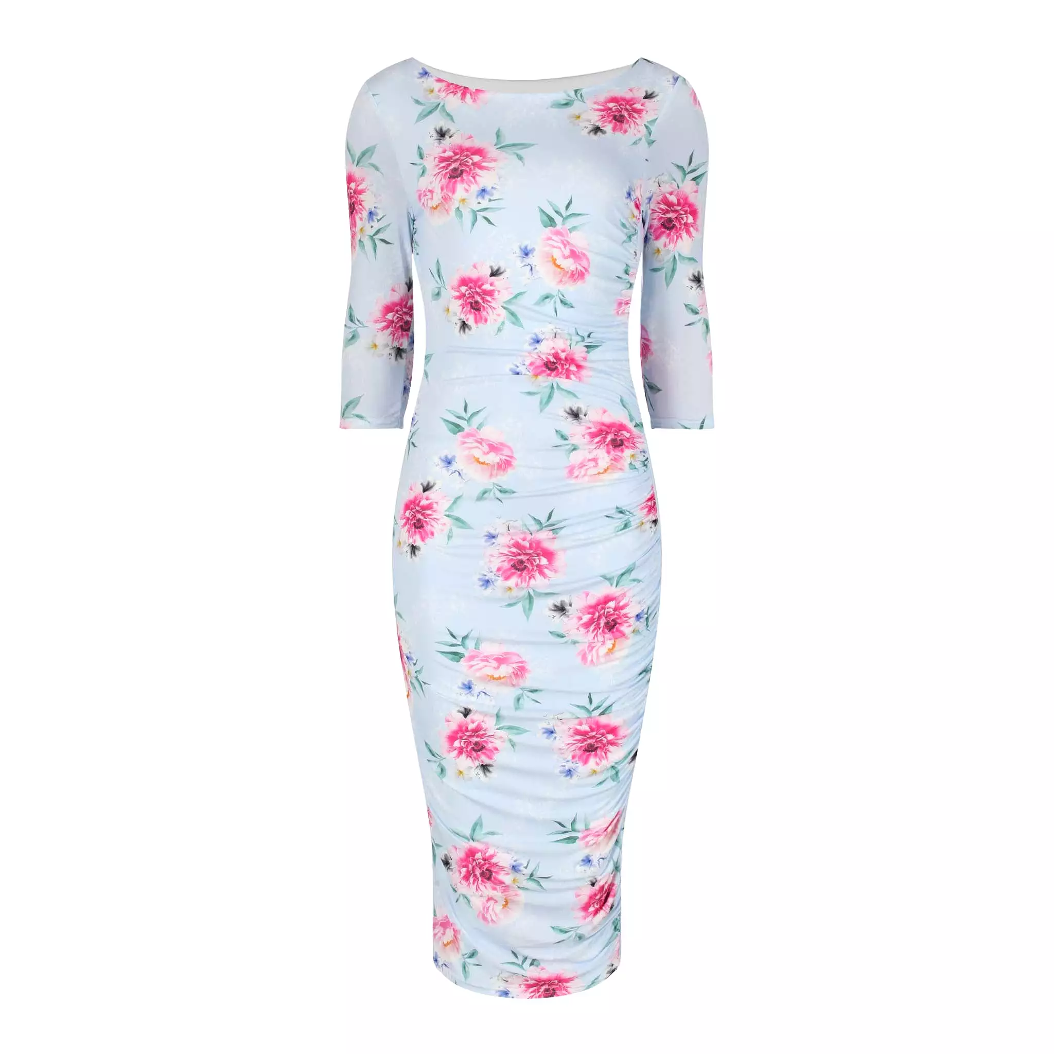 Sky Blue Pink Floral 3/4 Sleeve Vintage Pleat Detail Slinky Pencil Dress