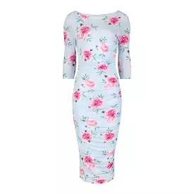 Sky Blue Pink Floral 3/4 Sleeve Vintage Pleat Detail Slinky Pencil Dress