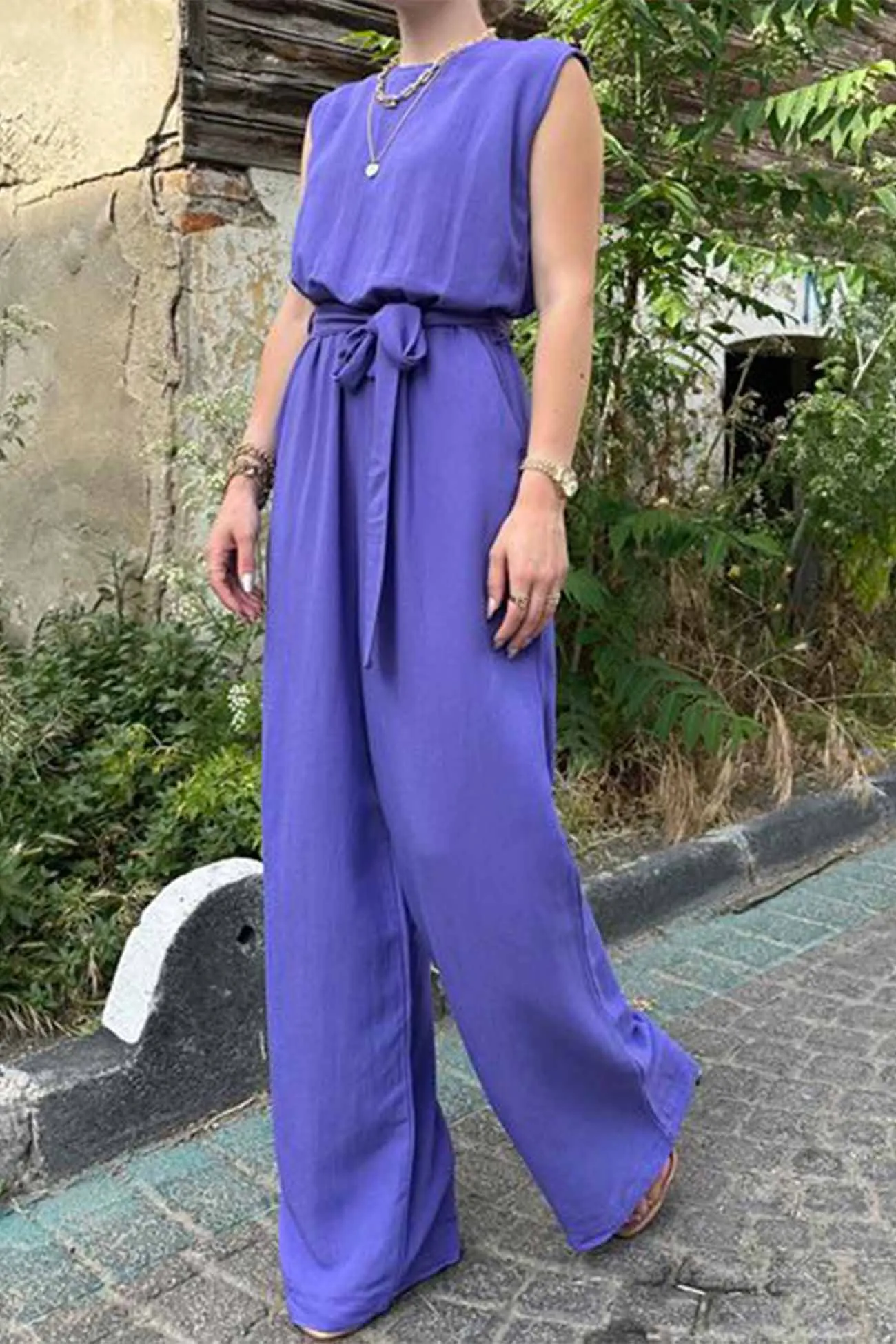 Sleeveless Waist-Tie Back Button Jumpsuits