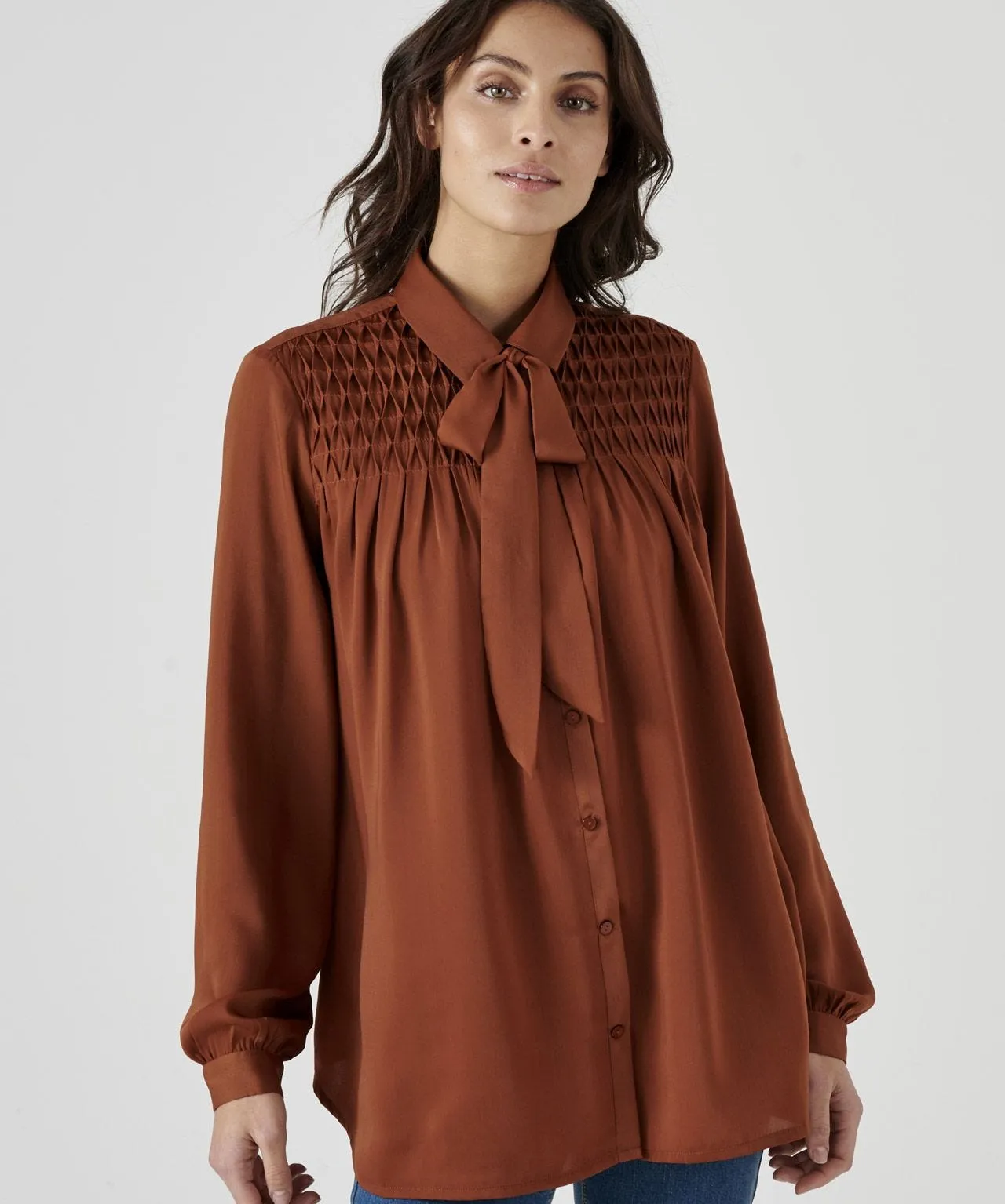 Smock Detail Tie Neck Blouse