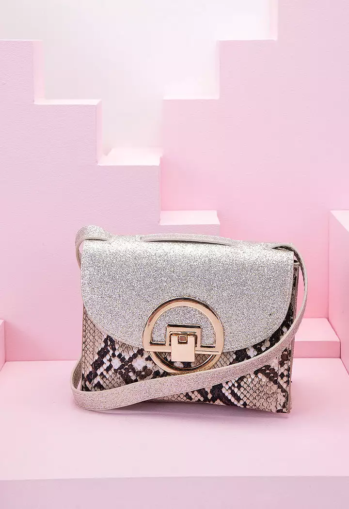 Snake Print Glitter Flap Crossbody Bag