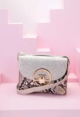 Snake Print Glitter Flap Crossbody Bag