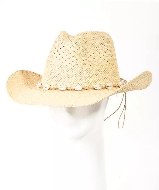 Straw Cowboy Hat with Shell Strap - Ivory