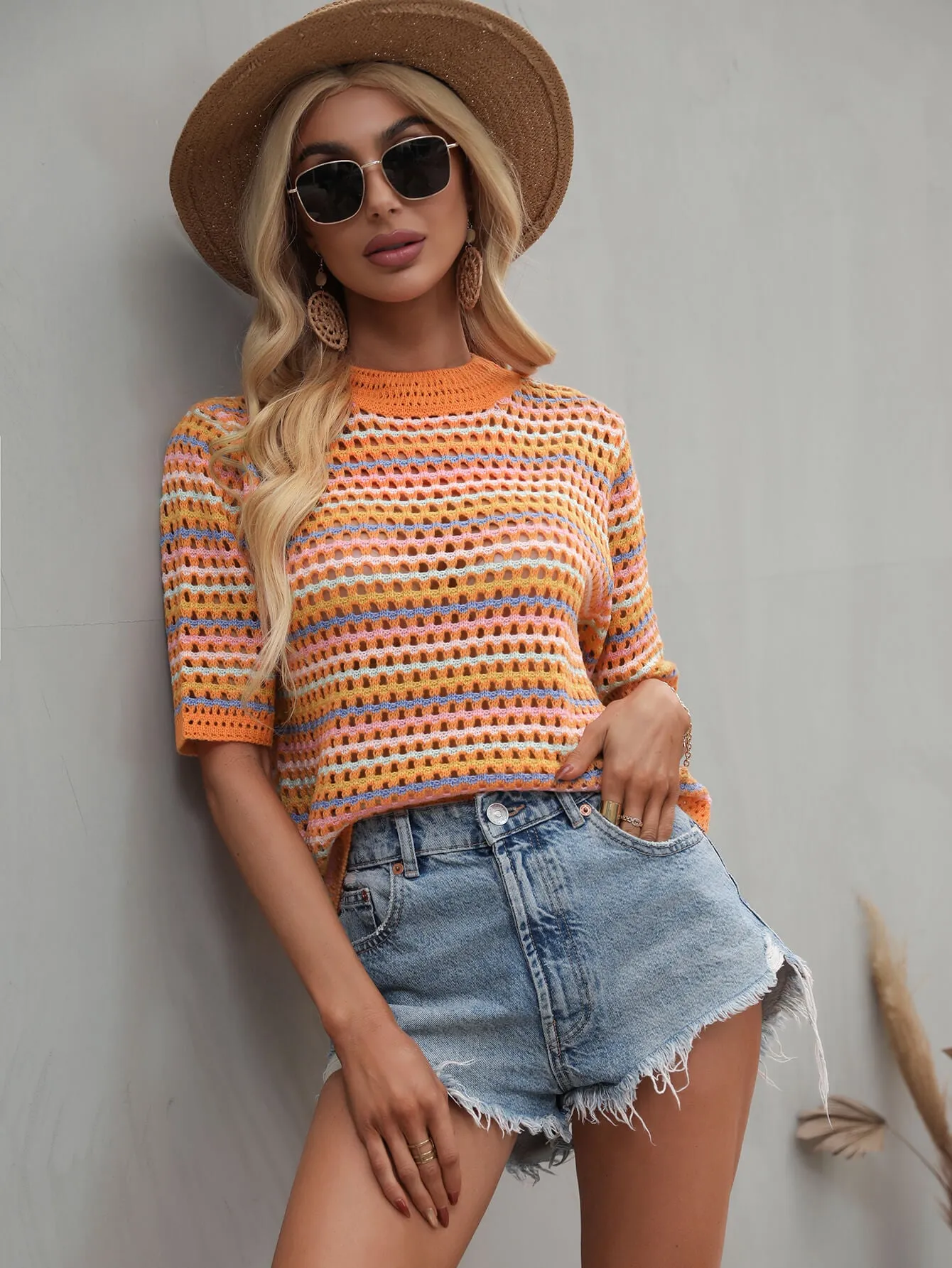 Striped Openwork Half Sleeve Knit Top