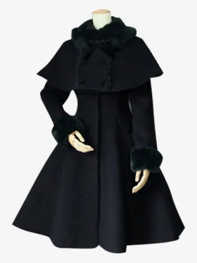 Sweet Lolita Coat Black Wool Turndown Collar Long Sleeve Slim Fit Detachable Lolita Cape Coat