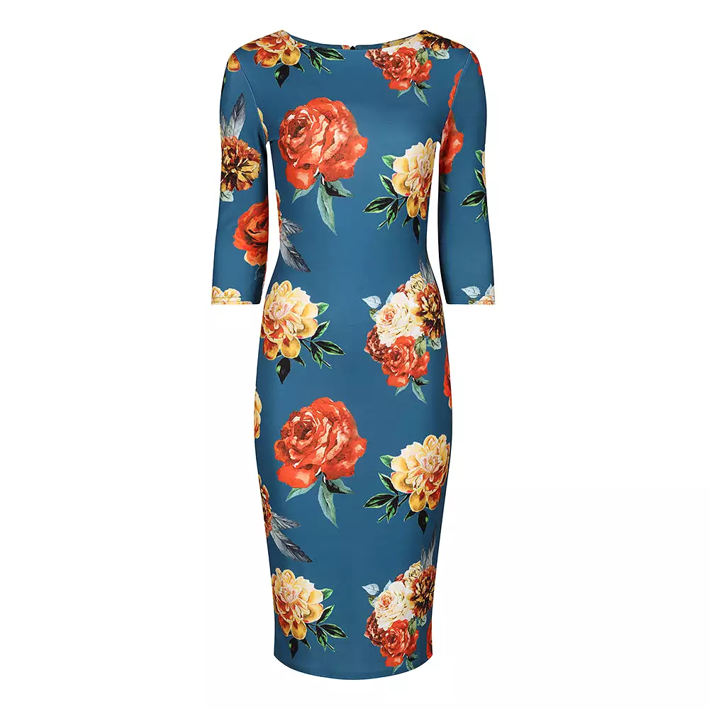 Teal Blue Rose Floral Print 3/4 Sleeve Bodycon Pencil Wiggle Dress