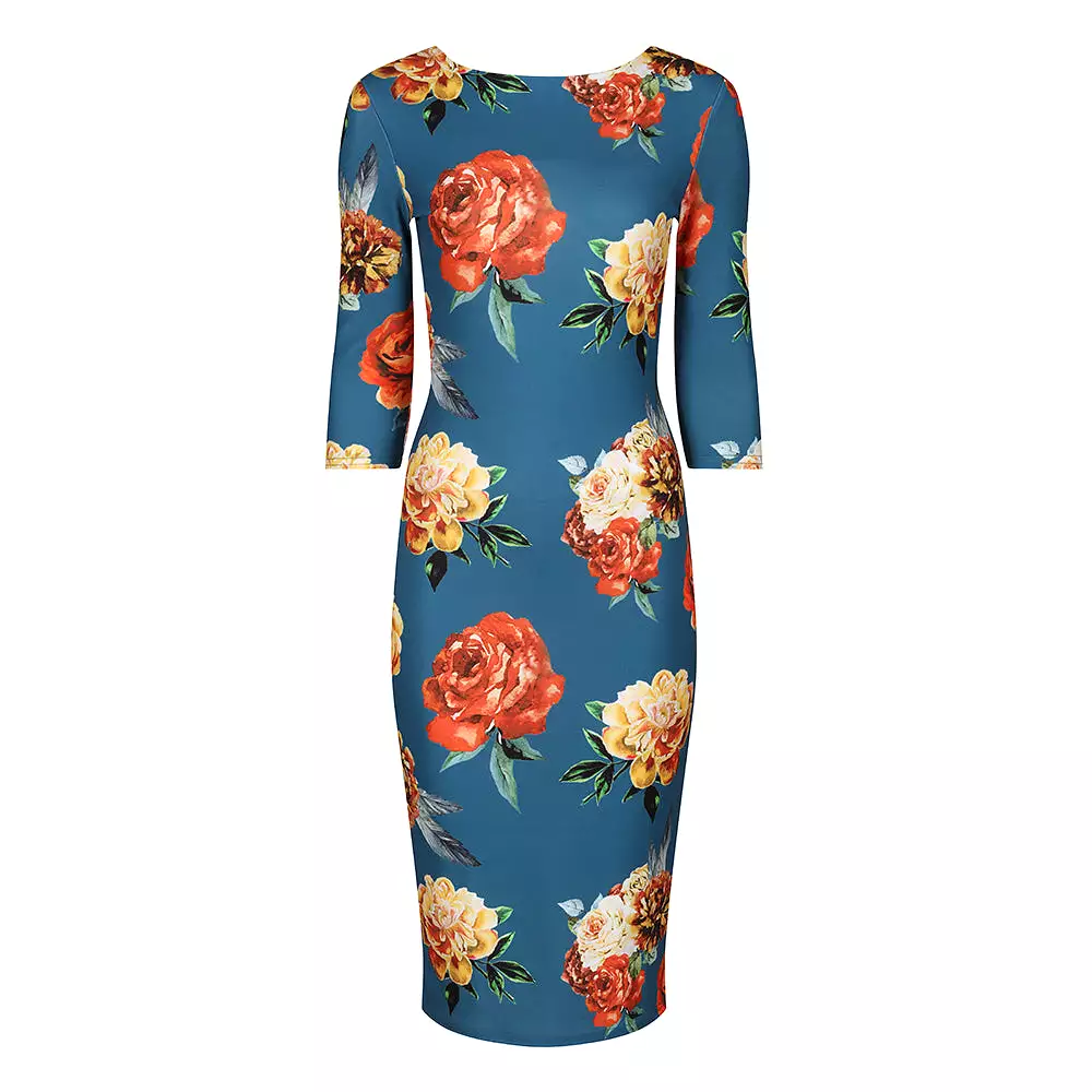 Teal Blue Rose Floral Print 3/4 Sleeve Bodycon Pencil Wiggle Dress