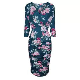 Teal Floral Print 3/4 Sleeve Wrap Over Midi Dress