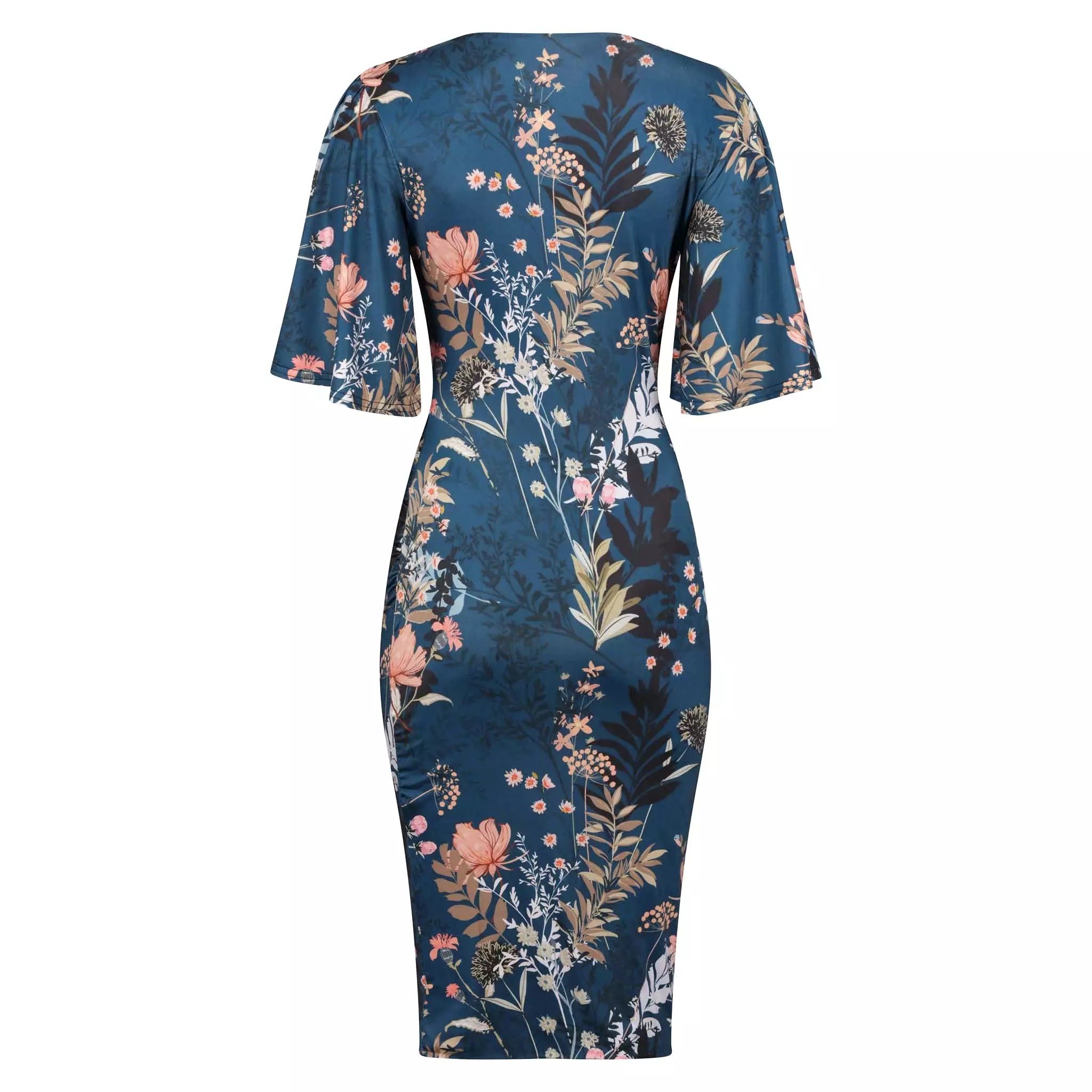 Teal Green Floral Butterfly Sleeve Slinky Pencil Cocktail Dress