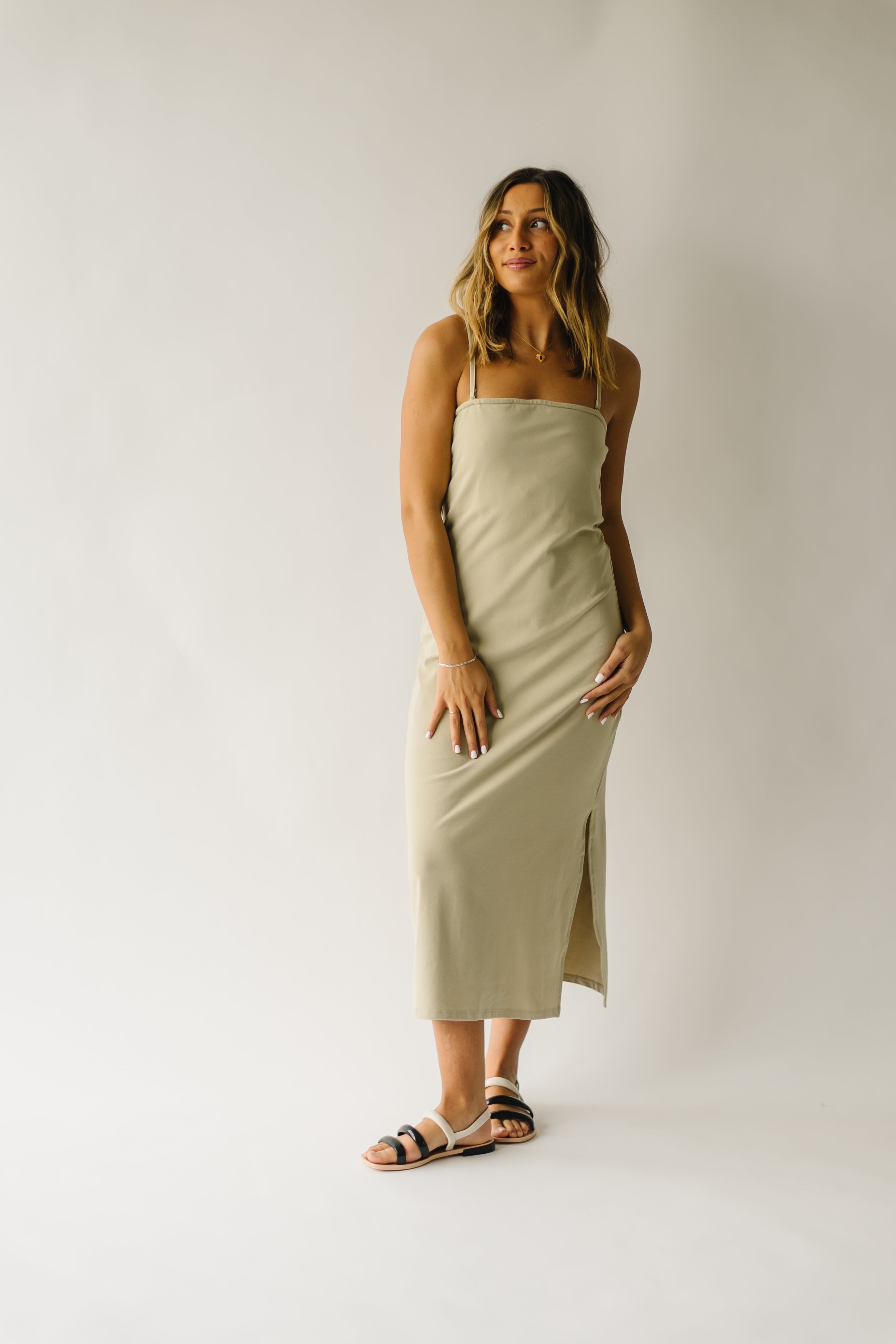 The Belinda Tank Knit Midi Dress in Khaki