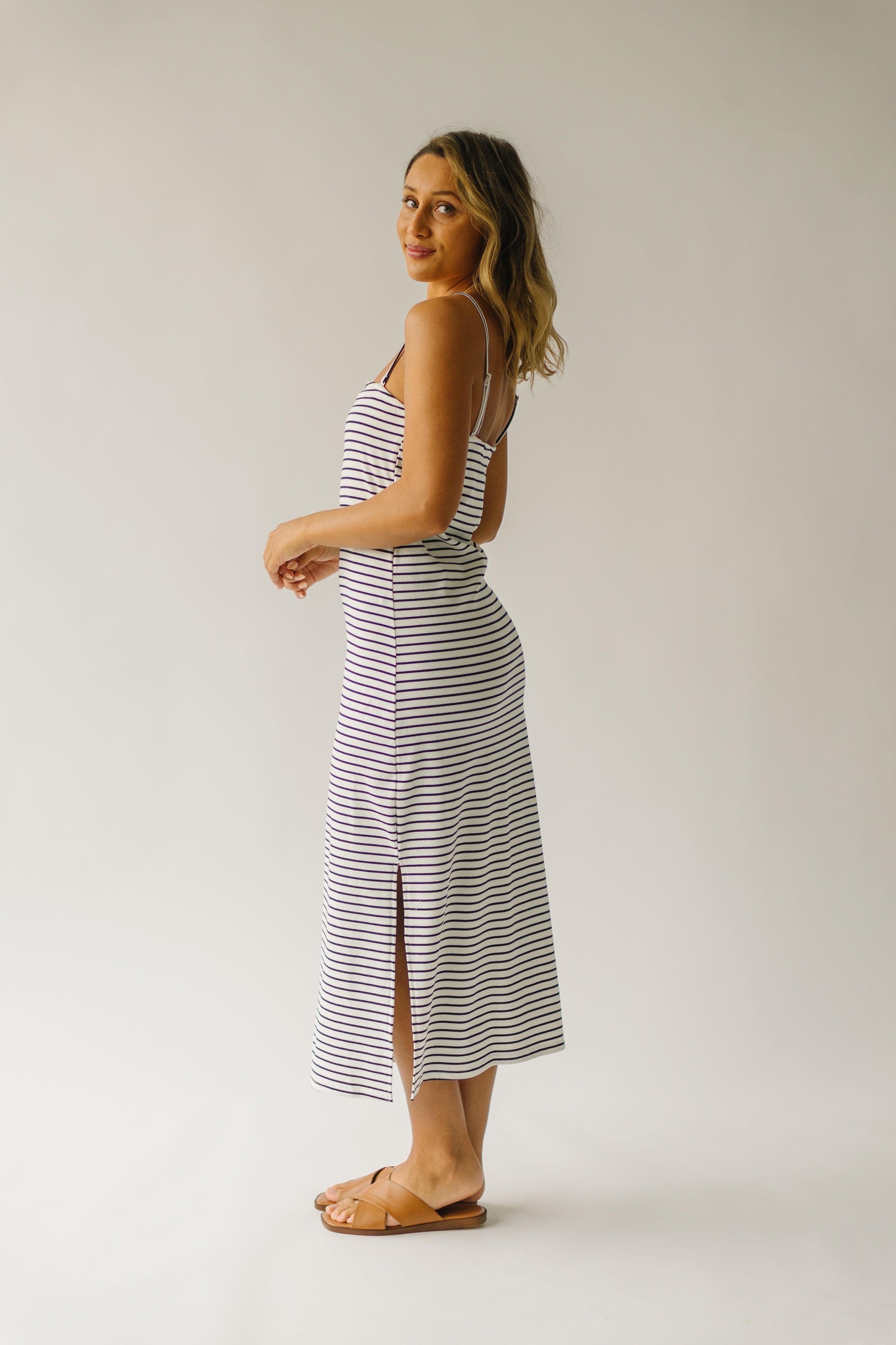 The Garber Knit Tank Midi Dress in Ivory + Navy Stripe