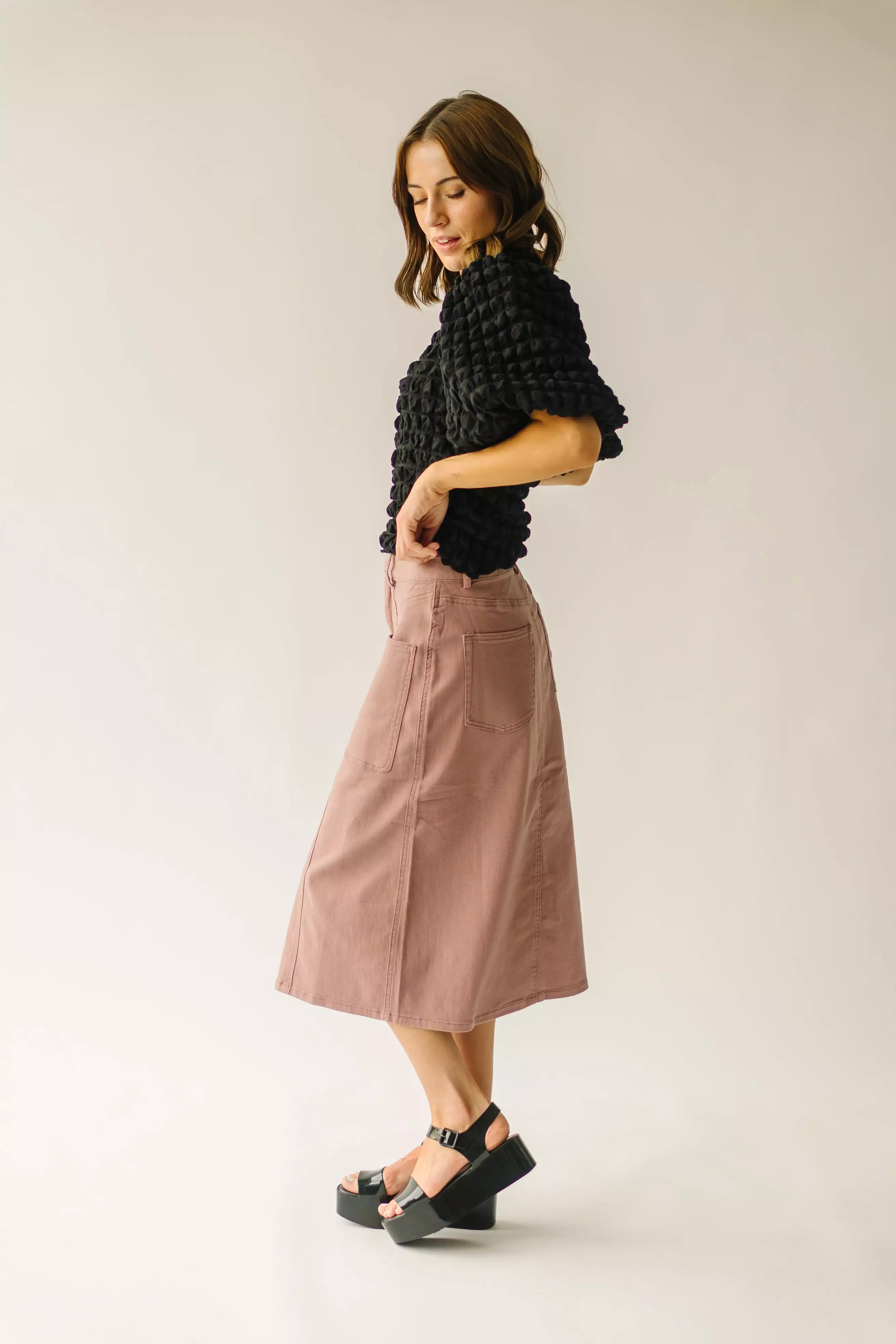 The Romford Denim Pencil Skirt in Mauve