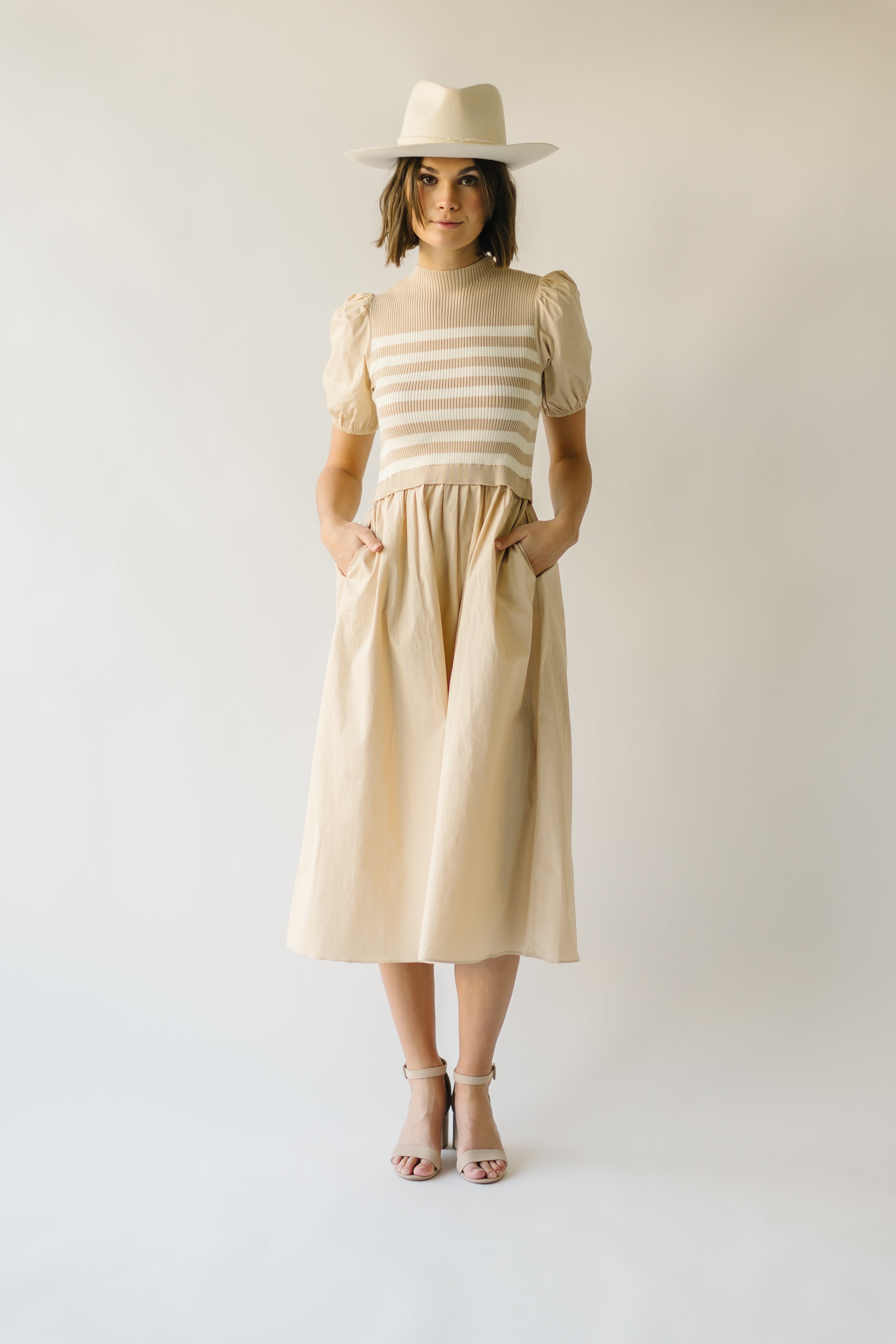 The Roxie Knit Bodice Detail Midi Dress in Sand