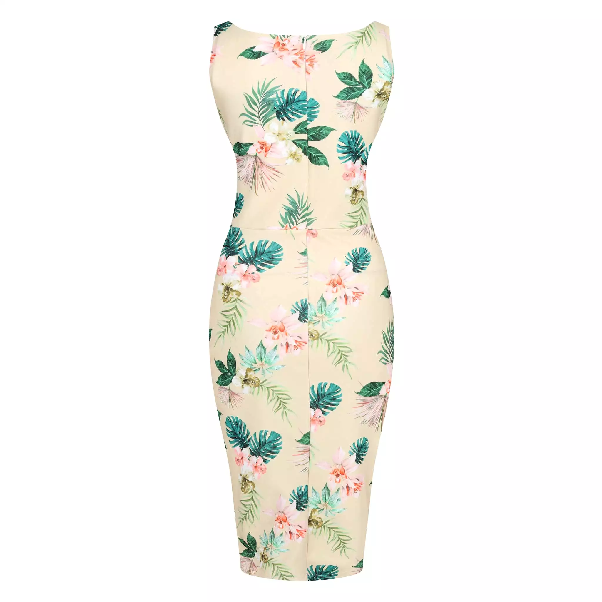 Vanilla Yellow Pink Floral Print High Neckline 40s Style Sleeveless Wiggle Dress