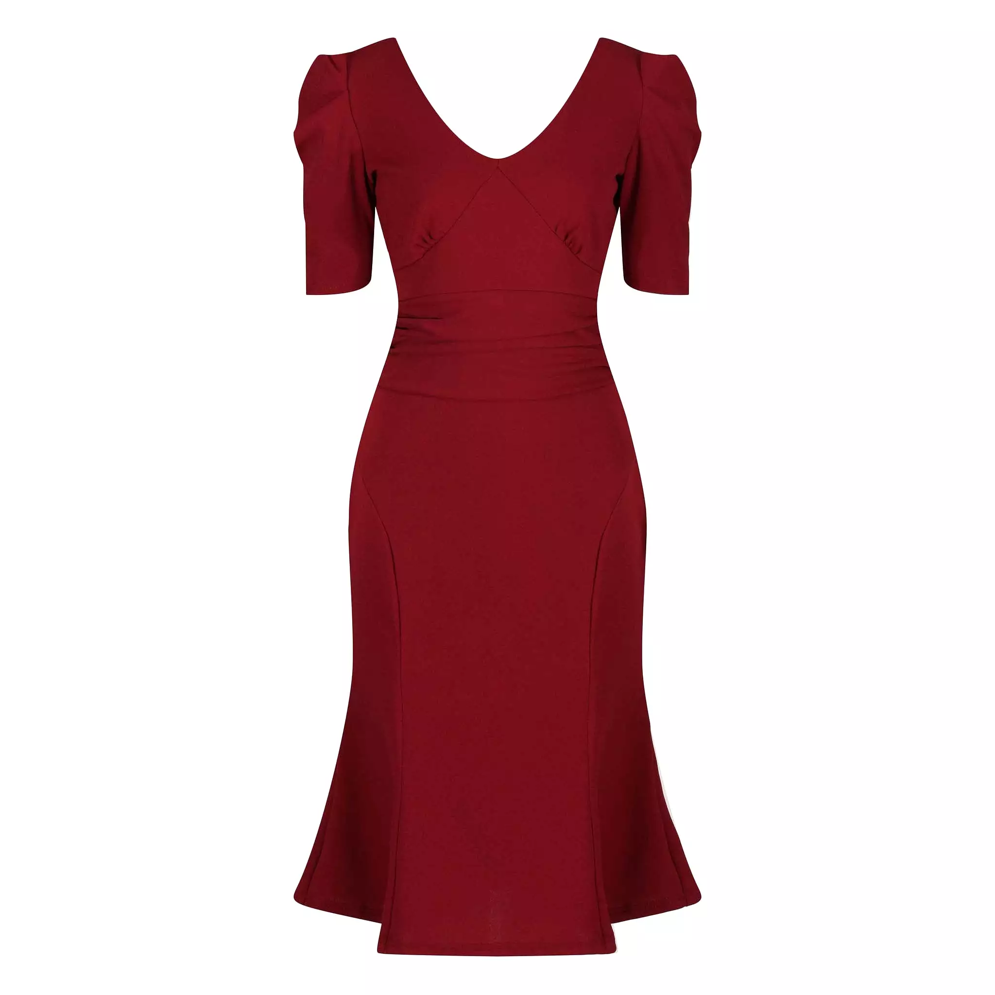 Vintage 1940s Wine Red Gathered Puff Sleeve Pencil Dress